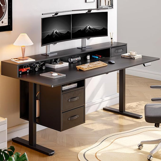 ONBRILL Standing Desk with Drawers, 63x24 Inch Electric Stand Up Desk with 3 Drawers and Open Storage Shelf, Adjustable Height 28-46 Inches for Home and Computer Workstation, Black