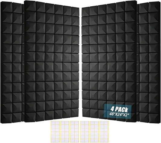 Acoustic Foam Panels 4 Pack 48"x24"x2" - High Density Soundproof Foam Wall Panels for Noise Reduction, Studio Walls, Home Theater & Office (Black 4 Pack, 48" x 24" x 2")