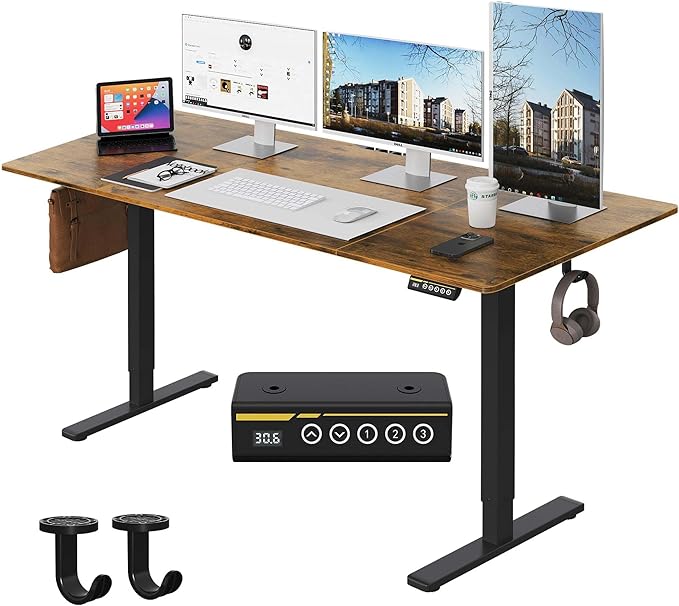 Large Electric Standing Desk,63x28 Inches Adjustable Height Stand up Desk, Sit Stand Home Office Desk, 3 Preset Heights,Equipped with Hooks,Ergonomic Computer Desk Workstation，Brown