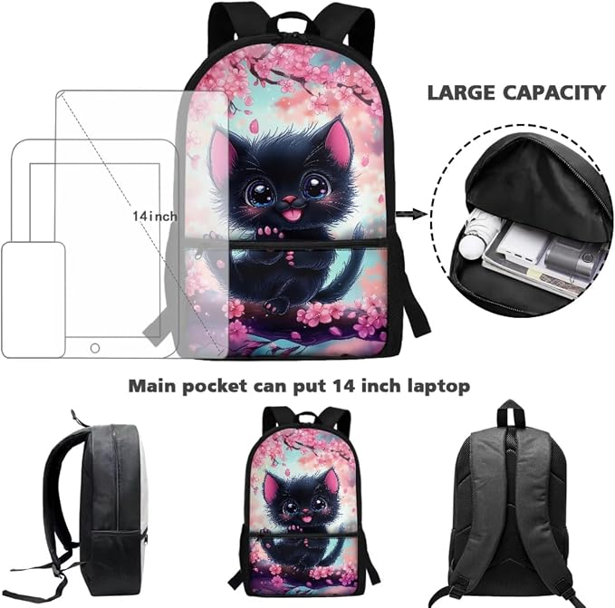 WELLFLYHOM 6-11 Kid 4 In 1 Cute Cat Bookbag Set, 17 Inch Cherry Blossom Backpack with Lunch Box for Girls, Back to School Supplies for Elementary Students, Mochila Para Niñas