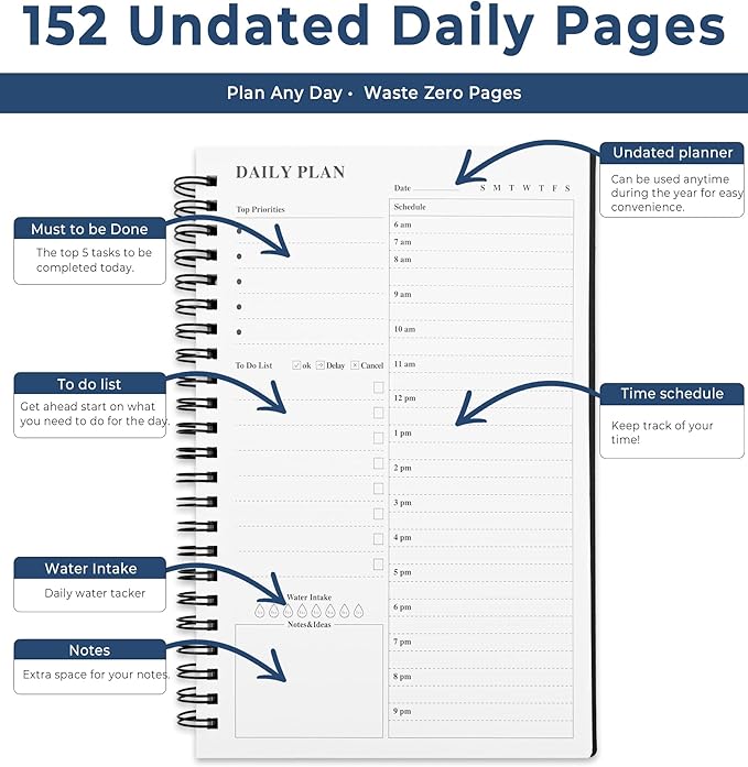 Daily Planner Undated, A5 To Do List Notebook with Hourly Schedules, Spiral Time Management Organizer for Man Women, 8.3" x 5.6" 152 Pages Black