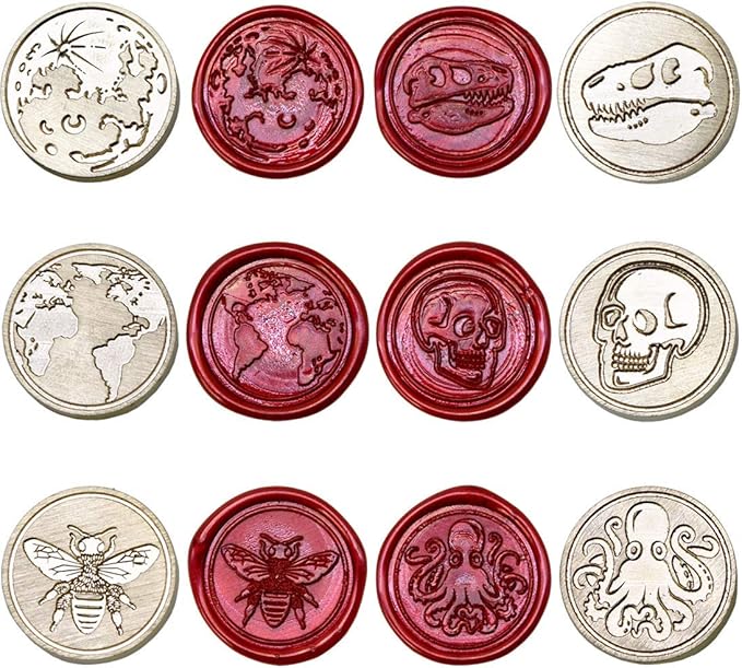 Wax Seal Stamp Kit, Set of 6 Sealing Wax Stamp with Brass Head Wooden Handle (Moon & Sun World Map Dinosaur Skeleton Bumblebee Octopus Design)