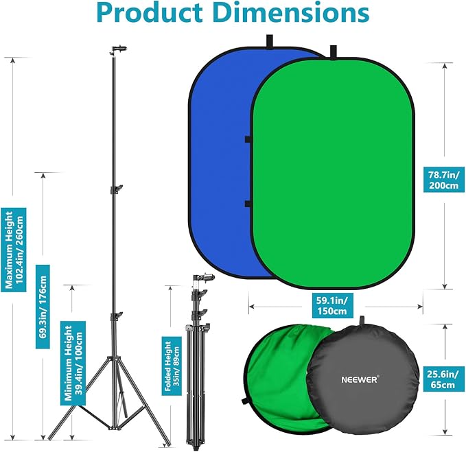 Neewer 5x7ft/1.5x2m Chromakey Foldable Backdrop with Stand 8.5ft/2.6m, 2-in-1 Reversible Green Blue Green Background Panel for Photography Studio, Live Streaming, Video Calls, Games