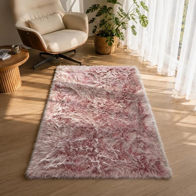 EasyJoy Faux Sheepskin Rug, Fluffy Faux Fur Rug, Ultra Soft Shag Area Rug with Non-Slip Backing for Bedroom, Living Room, Nursery, Kids Room(4 x 6 ft Rectangle, Frosted Bottom Pink)
