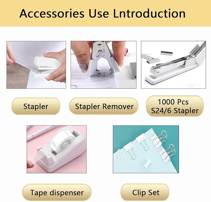 Office Supplies,White Desk Accessories,Office Supplies Set,Stapler and Tape Dispenser Set,Scissors,Staple Remover,Binder Clips,Staples,Ballpoint Pen,Index Tabs with Ruler,Clear Tape.9pcs for Office