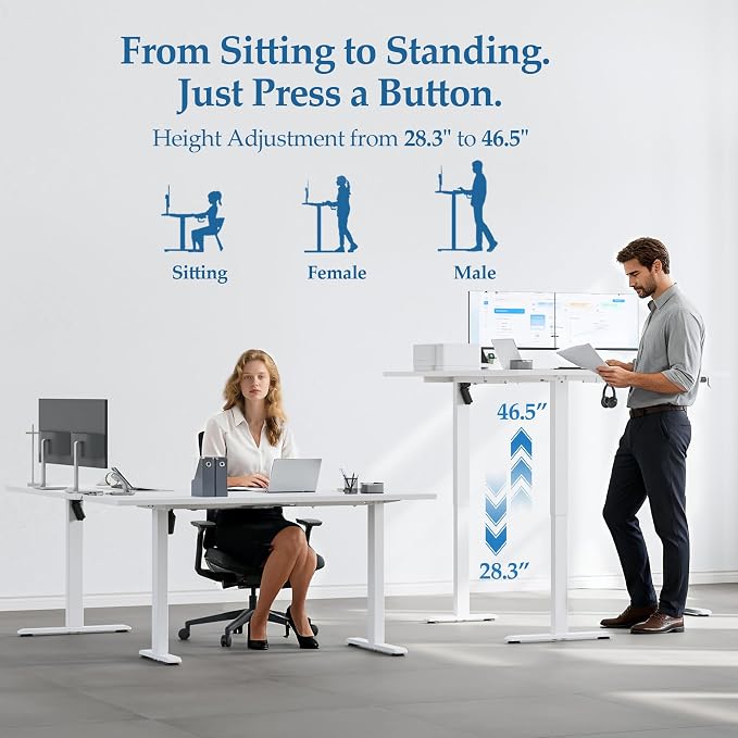 Klicelor L Shaped Standing Desk 63 x 55.1 Inch Dual Motors, Electric Height Adjustable Corner Desk for Home Office Workstation, Ergonomic Sit Stand Computer Table with Memory Controller, White