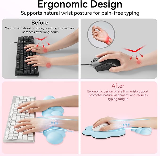 Sushret Cloud Wrist Rest for Computer Keyboard, 4-in-1 Memory Foam Leather Cloud Keyboard Wrist Rest and Mouse Pad Set with Ergonomic Support for Arm and Palm Cushion, Gaming/Work Setup, Blue