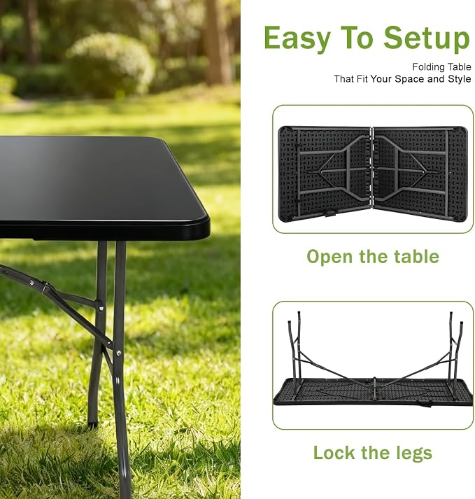 FDW 6FT Plastic Folding Table, Portable with Carrying Handle Perfect for Indoor, Outdoor, Party, Dining, Wedding, Events, Camping, Black