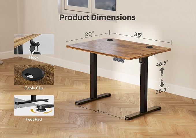 YDN Electric Standing Desk Adjustable Height, 35 x 20 Inches Stand up Desk with Cable Management, Home Office Desks with Splice Board & Black Frame, Rustic Brown Top