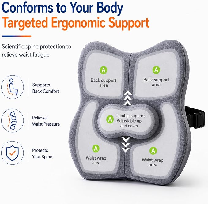 Pampkin Ergonomic Lumbar Support Pillow with Adjustable Strap | High-Density Memory Foam Back Cushion for Office Chair & Car | Back Pain Relief & Posture Support