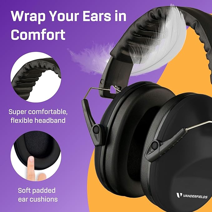 Vanderfields - Hearing Protection Ear Muffs - Over 33 dB (2K Hz) Broad Noise Cancelling Sound Reduction - Adults & Teens