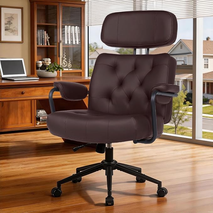 Mid Century Modern Home Office Desk Chair, Ergonomic Office Chair Big and Tall, High Back Executive Office Chair Leather Extra Wide, Computer Chair Comfy, Adjustable Height Rolling Chair, Brown