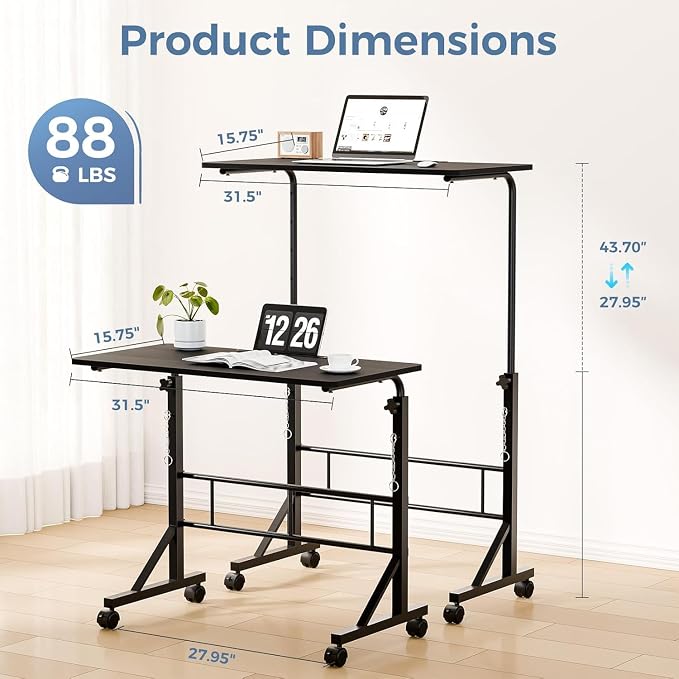 Simple Deluxe 31.5" Adjustable Height Mobile Desk with Locking Wheels & Pin-Lock – Height-Adjustable Standing Desk– Heavy-Duty Portable Workstation for Small Spaces & Home Office – Black