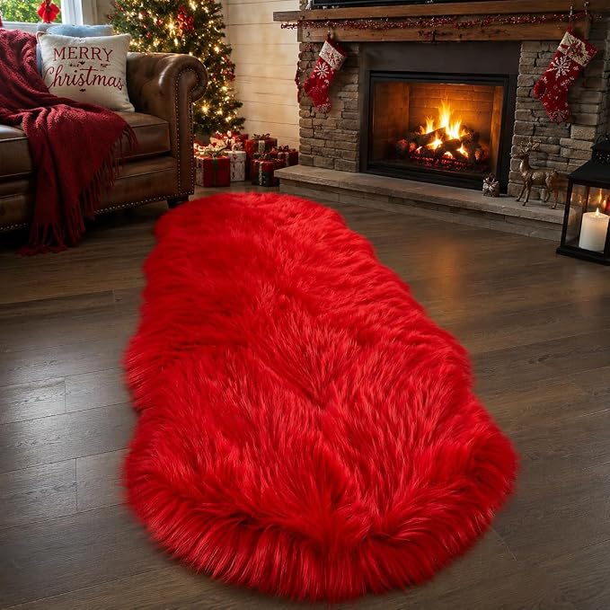 EasyJoy Ultra Soft Faux Fur Rug Fluffy Sheepskin Rug for Bedroom Living Room Sofa Bedside Floor(2 x 6 ft Sheepskin, Red)