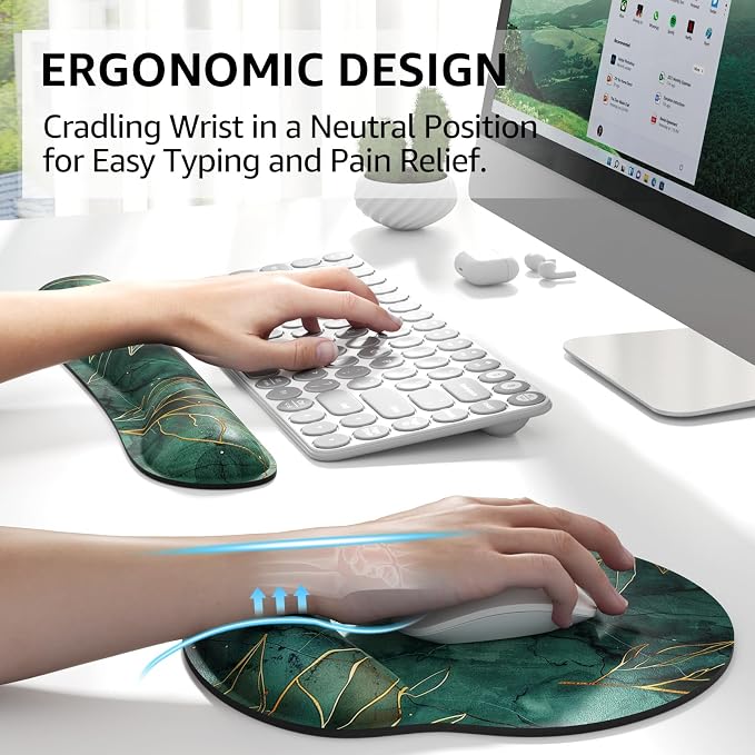 KTRIO Keyboard Wrist Rest & Mouse Pad with Wrist Rest Set, Green Leaves | Memory Foam Wrist Support, Ergonomic Design, Non-Slip Base, Office and Home Use