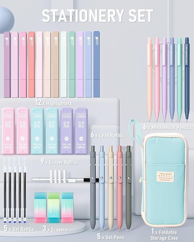 Four Candies 39 PCS Aesthetic Stationery Set with Cute Pen Case, College Supplies and Nursing Student Essentials, 12 Pastel Highlighters, 5 Black Gel Pens, 6 Mechanical Pencils, Blue