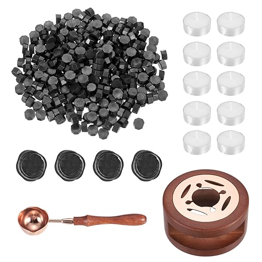 PATIKIL Wax Seal Kit, 300 Pcs Wax Sealing Beads, Wooden Warmer, Melted Spoon, 10 Pcs Tealight Candles for Envelope Letter Mailing Crafts DIY, Pearl Black