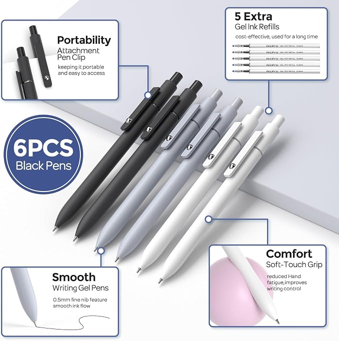 Nicpro 50 PCS School Supplies Stationary Set with Pencil Case - 6 Gel Pens & Refills, 12 Highlighters, 6 Art Mechanical Pencil Set, 12 Tube lead Refills for College Essentials Office Stationery -Black