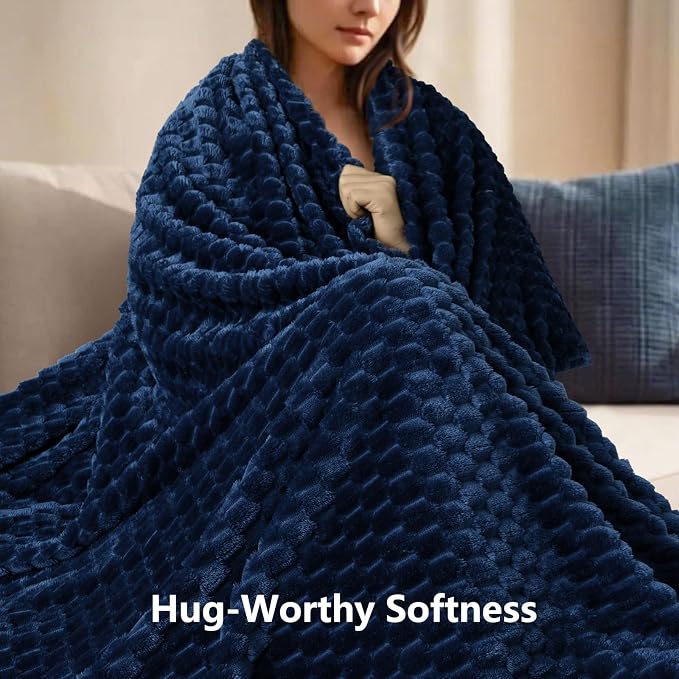 Vessia Flannel Fleece Throw Blanket(50x70 inch), 3D Jacquard Navy Fuzzy and Warm Blanket for Couch, Sofa, Bed, Chair, 300GSM Super Soft Touch Cozy Lightweight Throw for All-Season Home Decor