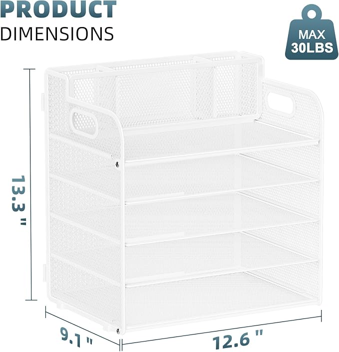 Marbrasse Paper Organizer, Mesh Desk Letter Tray with 3 Pen Holders,White | Paper Sorter Desk Organizer for Letter/A4 Office File Folder Holder Home Office Supplies