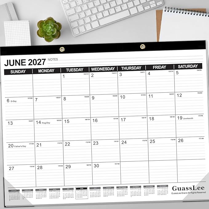 GuassLee Large Desk Calendar 2026-2027,19 Months from Jun. 2026 to Dec. 2027, 22 x 17 Inches Desktop Wall Calendar Hanging Planner with Julian Date, Notes, Reinforced Corners for School Home Office