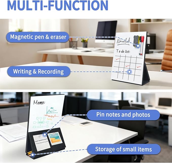 BXI Felt Small Desktop Whiteboard Combo- 8 x 9.5 Inches Double-Sided Magnetic Dry Erase Board, Portable Reusable Desk Notepad with Stand, Versatile Writing Sticky Note Board for Office Home School