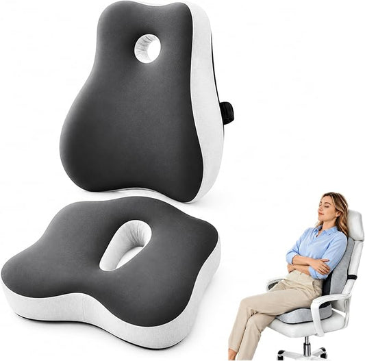 Ergonomic Memory Foam Seat Cushion & Lumbar Support Pillow Set, Coccyx Cushion for Tailbone Pressure Relief, Sciatica Relief & Lower Back Support, Office Chair, Gaming Chair, Car Seat, Wheelchair