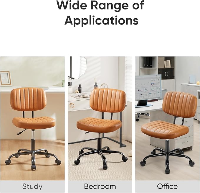 DUMOS Small Office Desk Chair, Armless Vanity Chair with Lumbar Support | PU Leather, 360° Rolling Task, Height Adjustable, Home Bedroom, Adult, Student, Brown