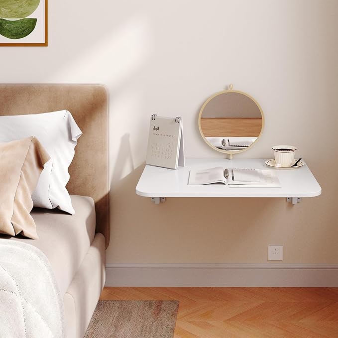 HOOBRO Folding Table, Wall Mounted Desk, Floating Wall Desk with Iron Bracket, Drop Leaf Table for Small Spaces, for Kitchen, Laundry Room, Home, Office, White WT054BZ01
