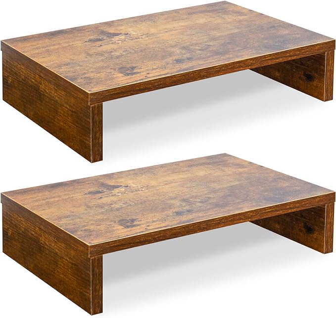 TEAMIX 2-Pack Wood Monitor Riser, Desk Stand for 2 Monitors, Rustic Brown | Holds 80Lbs, Stacked/Separate Use, 2 Tier Adjustable, Use as Laptop/TV Riser, Computer Stand for Home Office Desk, Gaming