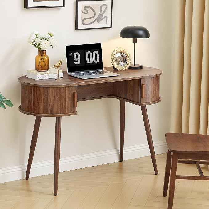 AVZEAR 43" Oval Fluted Home Office Desk, Small Computer Desk Writing Desk | ﻿ Wlanut Mid Century Modern Small Computer Desk Vanity Table with Sliding Tambour Door, Fluted Wooden Writing Study Desk