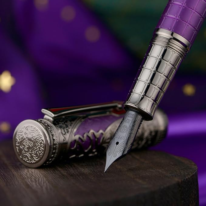 Hongdian D5X Fountain Pen Purple Color Extra Fine Nib, Qin Dynasty Retro Chinese Totem Engraving Smooth Writing Pen with Converter and Pen Box Set