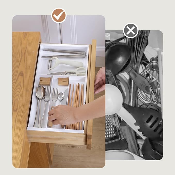 Expandable Shallow Drawer Organizer 1" 11-18" Adjustable White Storage Bin | Expandable 11-18" Shallow 1" PET Drawer Organizer|White Tray|Office Kitchen Bathroom|Dual-Slot Design|Fits Slim Drawers