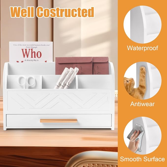 Charmewooden White Desk Organizer with Drawer, Pen Holder & Mail Sorter for Home Office