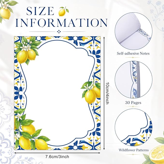 Chiisong 12 Pads Capri Lemon Sticky Notes 3 x 4 Inches Blue Tiles Yellow Adhesive Memo Pads Reminder Decor Mediterranean Amalfi Coast Notepads for Journal Office Summer Birthday Wedding Gifts