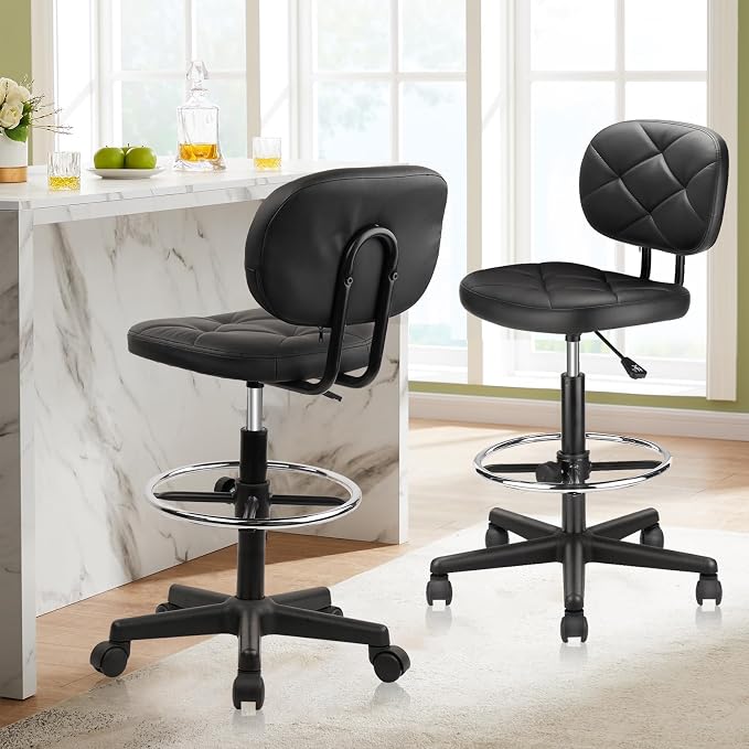 KLASIKA Tall Drafting Rolling Stool Chair with Low Back Support and Adjustable Foot Rest Ring Set of 2 PU Leather Vinly Wide Seat Swivel Standing Desk Chair for Office Home 2 Pack