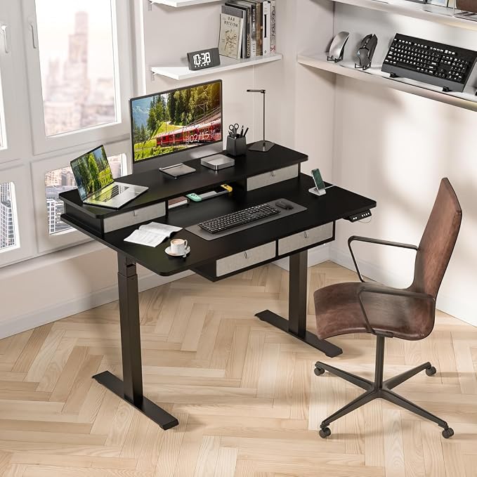 Kingant Electric Standing Desk with 4 Drawers,USB Charging Ports 48"x 30" | Ergonomic Height Adjustable Large Workstation, Heavy-Duty Sit Stand Up Desk For Home Office Daily Work,Black