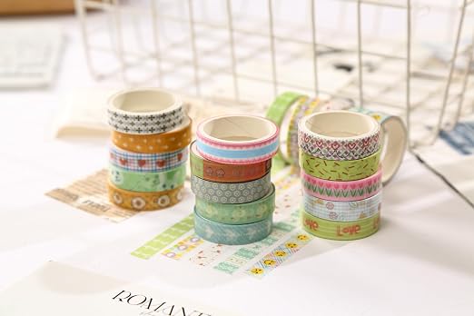 60 Rolls Cute Washi Tape Pack Basic Mini Adhesive Tapes Stars, Plaids, Florals, Grids & Dots Patterns Decorative Masking Tape Sets for Craft, Kids, Scrapbook, DIY, Gift Wrapping (Kawaii)