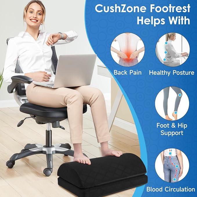 CushZone Foot Rest for Under Desk at Work Adjustable Foam for Office and Home, Office Desk Accessories，Comfortable Footrest with 2 Adjustable Heights，Back & Hip Pain Relief (Black-16.9 in)
