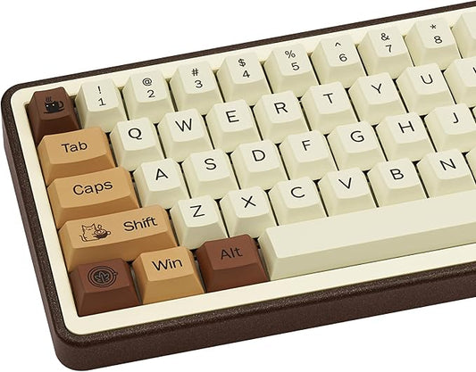 Brown PBT Keycaps, Coffee Cat Cute Keycaps, Cherry Profile Key caps 60 65 75 100 Percent, Dye-Sublimation Custom 130 Keys Set for 100%, 75%, 65%, 60% Cherry Gateron MX Switches Keyboards