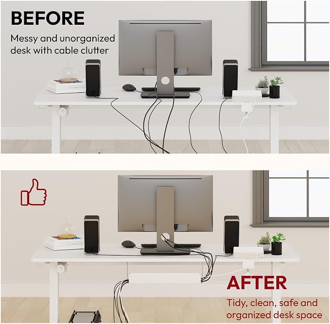 SANODESK Electric Standing Desk with Desk Clamp Power Strip 48"x 30" Whole-Piece Desktop Height Adjustable Stand Up Desk with Cable Management Sit Stand Home Office Desk White Frame/White Top