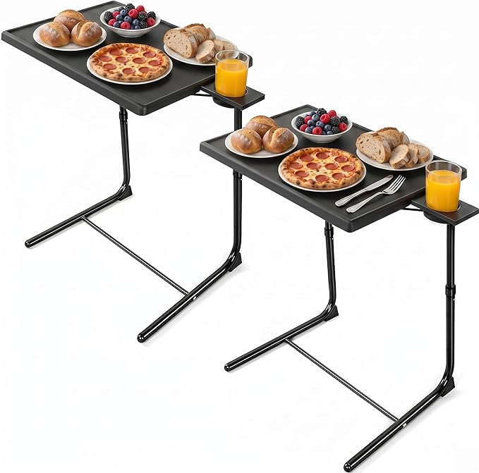 LORYERGO Multifunctional TV Tray Table - 2 Packs Adjustable TV Dinner Tray Tables with 6 Height & 3 Tilt Angle, Folding TV Trays with Cup Holder for Bed & Sofa, for Eating & Reading