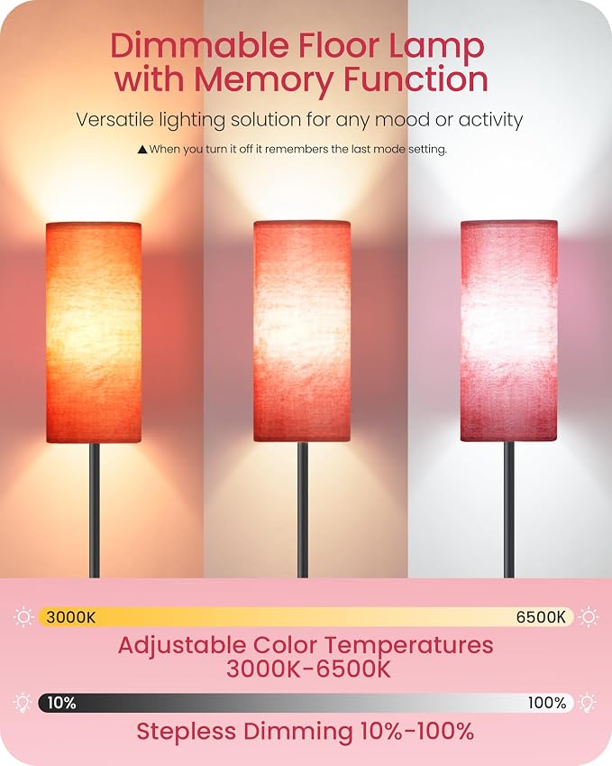 Dimmable Floor Lamps for Living Room with Remote and Foot Switch, 64.4” Modern Standing Tall Lamp, Corner Lamp for Bedroom, Bulb Included, 3000K-6500K, FCC Listed, Sakura Pink and Black CP06LD05W1