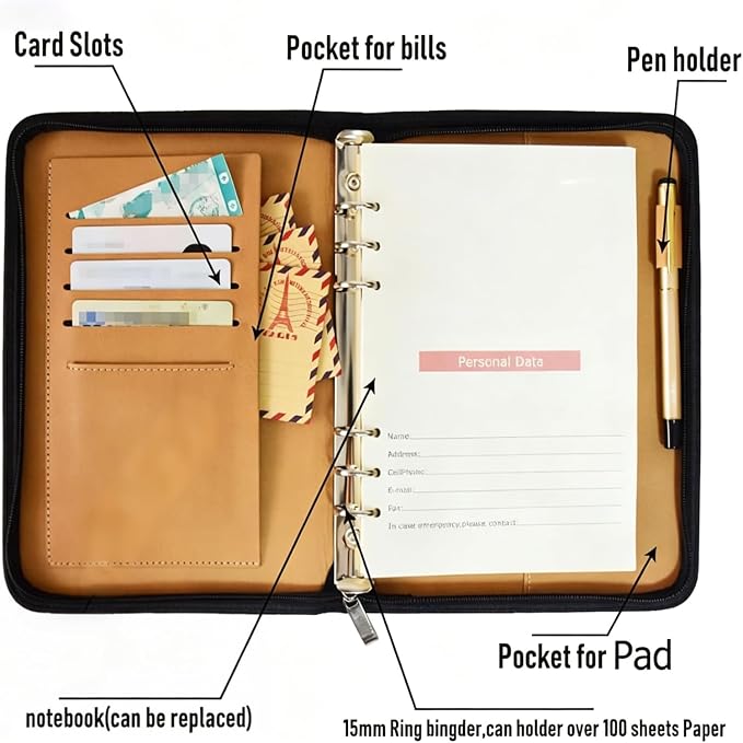 Marte Vanci A5 Padfolio with PU Leather Business Portfolio Zippered Conference Folder Organizer 6 Ring Lined Notebook Binder Loose Leaf Refillable Travel Journal Gift for Men (Blue)