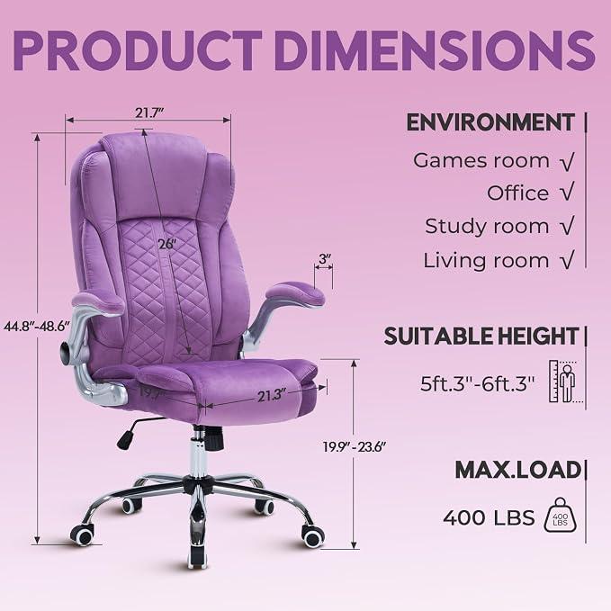 400lbs Executive Office Chair with Flip-Up Armrests, Big and Tall Computer Chair for Heavy People, Heavy Duty Ergonomic Comfy Chair, Breathable Plush Velvet(Purple)