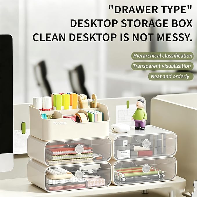 Desk Organizer with Drawers & Divided Compartments, Stackable Desktop Storage Caddy for Makeup and Office Stationery (Cream)