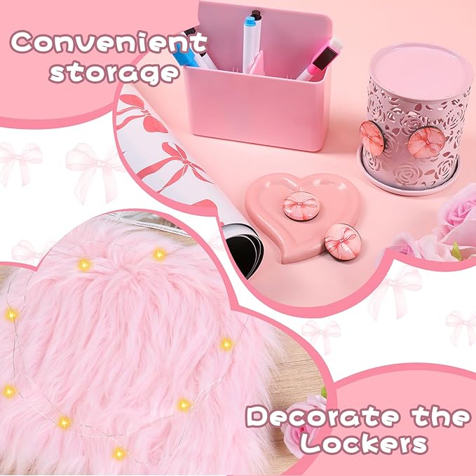 14 PCS Pink Locker Accessories Kit Back to School Locker Decorations Supplies for Girls with Locker Shelf Magnetic Wallpaper Whiteboard Mirror Organizer Markers Rug String Lights and Cute Bow Magnet