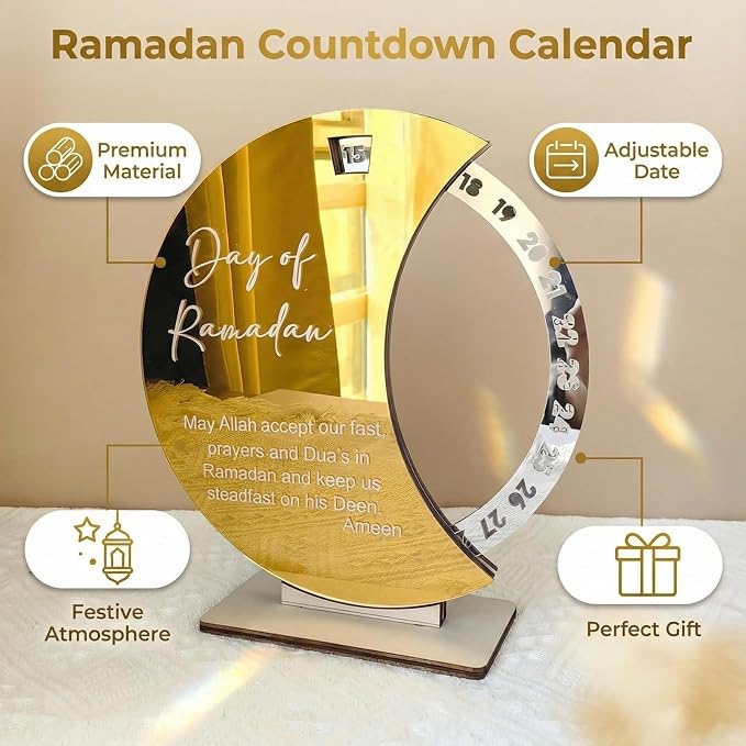 Ramadan Countdown Calendar - Elegant Acrylic Circle with 30 Day Flips, Eid Mubarak Home Table Decor, Islamic Festival Gift & Celebration Reminder for Family (Countdown Calendar-Golden)