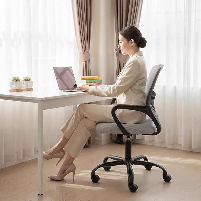 DUMOS Home Office Chair - Ergonomic Mid Back Mesh Desk Chair with Lumbar Support & Rocking Mode, Height Adjustable, Fixed Armrest, for Conference, Computer, 360° Swivel, Adults, Grey
