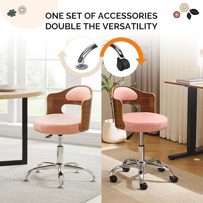 VINGLI Armless Home Office Desk Chair, Adjustable Swivel Chair,Dual-Use with/no Wheels,Small Retro Designed Walnut Curved Task Chair,Cushioned Nail Tech Chair for Study Area,Workspace,PU,Pink